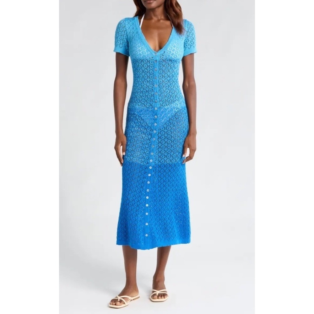 Capittana Alexandra Short Sleeve Cover-Up Dress Womens Size M / L Blue Crochet